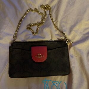 Coach Black and Red Clutch with Gold Chain